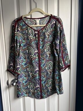 Tanner 100% Silk Paisley Print 3/4 Sleeve Tunic Blouse Size 8